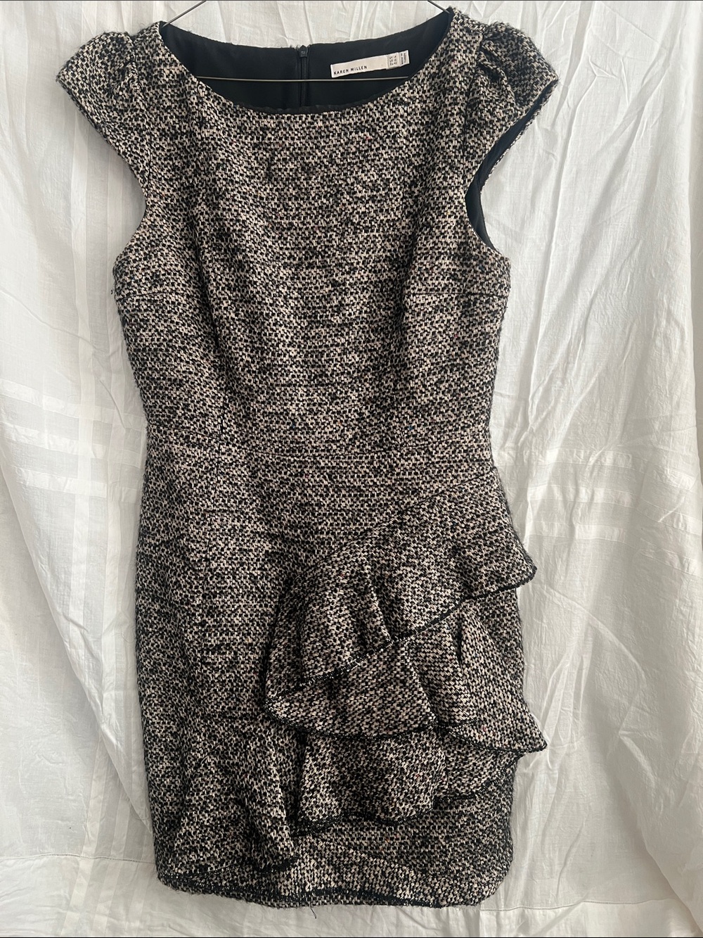 Karen Millen Black and White Tweed Peplum Ruffle Sheath Dress